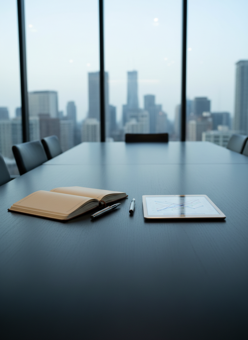 A formal conference table of matte black wood stretches into the distance inside a modern, glass-walled meeting room. The polished surface is meticulously organized with a single open leather-bound notebook, a classic steel fountain pen, and a tablet displaying a complex line graph of democracy indices and economic trends. Beyond the glass, a hazy cityscape of anonymous office towers appears softly out of focus. Cool, diffused late-afternoon light washes the room, creating clear reflections on the table and subtle shadows under the objects. Photographed from a slightly low, diagonal angle with strong leading lines, the mood is professional, analytical, and slightly tense, evoking high-stakes political decision-making in a clean, photographic realism style.