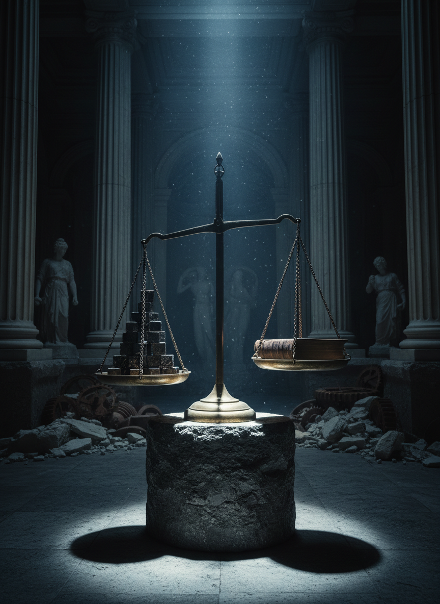 An old, slightly tarnished brass balance scale stands centered on a stone pedestal, its two plates unevenly weighted by stacks of small, unmarked metal cubes on one side and a single thick law book on the other. The background reveals a dark, cavernous hall lined with towering marble columns and shadowy niches filled with indistinct symbolic objects like broken gears and crumbled plaster walls. A narrow shaft of cold, directional light from high above slices through the gloom, illuminating swirling dust and tracing sharp highlights along the scale’s edges. Shot from a low-angle, cinematic perspective with strong contrast and deep shadows, the composition feels solemn and critical, capturing the fragile balance of justice in a stark, realistic photographic style.