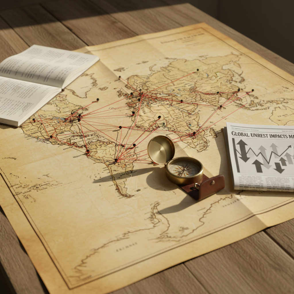 A sprawling world map printed on heavy, slightly yellowed paper lies flat on a broad oak table, its surface overlaid with thin red string connecting dozens of small black pushpins anchored in various capitals and conflict zones. Scattered around are open analytical notebooks, a vintage brass compass, and a monochrome newspaper front page showing dramatic stock market charts without any photos. Soft, directional morning light enters from the left, creating long, gentle shadows from the pins and strings, emphasizing the web-like structure. Captured from a high, three-quarter overhead angle with moderate depth of field, the composition has an investigative, strategic mood, suggesting geopolitical analysis and the interconnection of global crises in a crisp, documentary-style photograph.