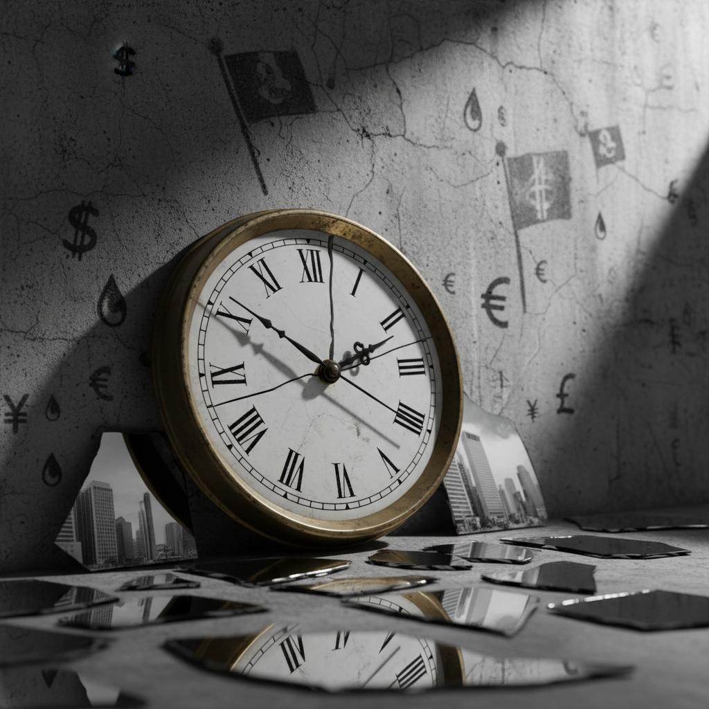 A cracked, antique clock face with Roman numerals, its glass missing and hands frozen just before midnight, leans against a rough concrete wall marred by hairline fissures and faint graffiti-like symbols of currencies, oil drops, and faded flags. Around the clock lie scattered shards of mirror reflecting fragmented glimpses of a bleak, gray skyline of anonymous towers. A single, harsh spotlight from the upper right creates strong chiaroscuro, throwing dramatic shadows behind the clock and exaggerating every imperfection in the concrete. Shot close-up at a slight diagonal with a shallow depth of field, the image feels ominous and analytical, symbolizing a world at the brink, rendered in stark, high-contrast photographic realism.
