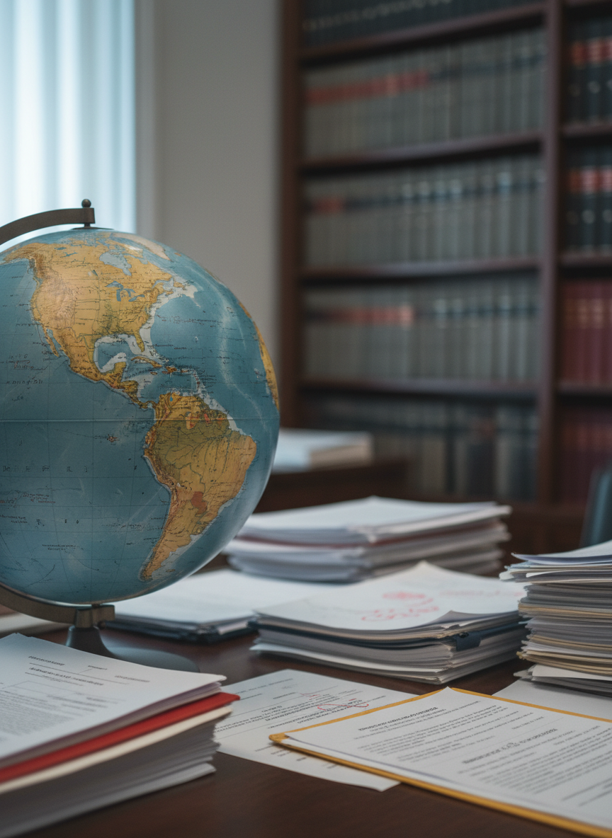 A large, weathered globe of the Earth in muted blues and ochres, its surface covered with fine cracks and peeling borders, rests atop a dark walnut desk strewn with neatly stacked policy documents and marked-up reports. Behind it, tall bookshelves packed with sober, cloth-bound volumes on history, economics, and law fade into a soft blur. Cool, overcast daylight filters through an unseen window, casting gentle, directional light that highlights the globe’s imperfections and the texture of the paper. Shot at eye level with a shallow depth of field, the composition uses the rule of thirds to isolate the globe, creating a contemplative, analytical atmosphere in a clean, photographic realism style.